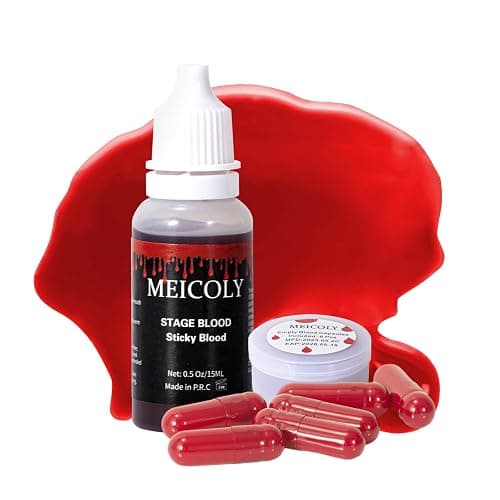 MEICOLY 0.5OZ Edible Fake Blood with 6 Packs Empty Capsules,Washable Stage Blood Sangre Falsa,Realistic Dripping Sticky Fake Blood for Halloween, SFX,Special Effect Makeup for Zombie Vampire - Image 1