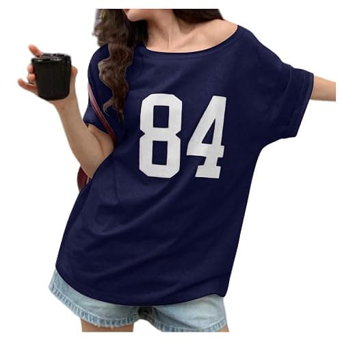 Pinclodly Off The Shoulder Tops for Women Short Sleeve Y2K Jersey Number Graphic Oversized Tshirts E-Girl Tees thumbnail 2