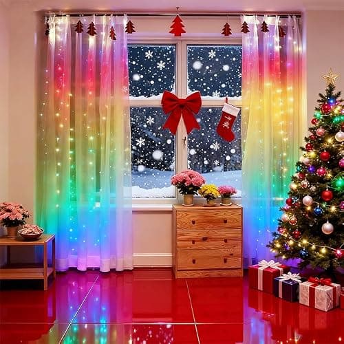 300LED Fairy Curtain Lights, 9.8x9.8Ft Warm White USB Plug in 8 Modes & Timer Christmas String Hanging Lights with Remote for Bedroom Indoor Outdoor Weddings Party Wall Decorations(rainbow) thumbnail 3