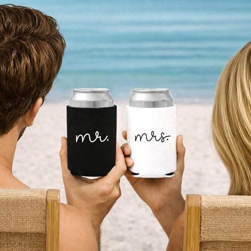 Pink Palm Co. Wedding Can Coolers Set of 2 – Foam Koozies for Bride and Groom, Wedding Toast, Engagement Gift, Honeymoon, Bridal Shower, Beverage Insulators | Mr. & Mrs. thumbnail 5