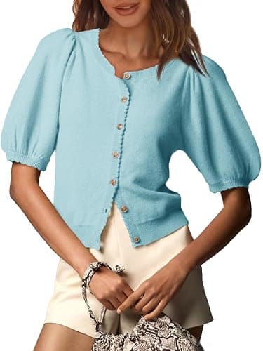 Saodimallsu Womens Puff Short Sleeve Cardigan Lightweight Summer Button Down Shirts Knit Crew Neck Sweater Tops - Image 1