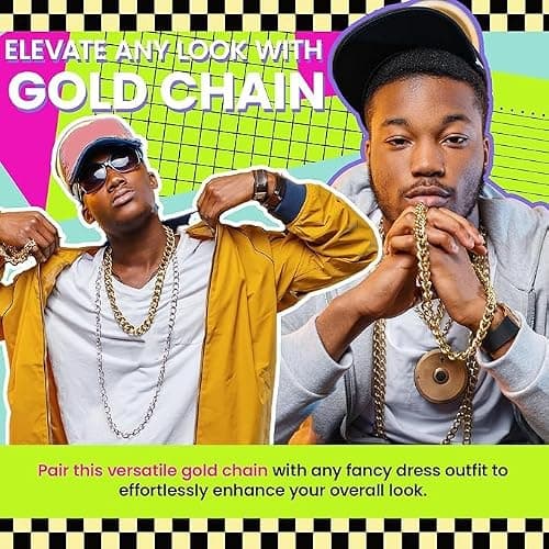 Fake Gold Chain Fancy Dress Jewellery for Men and Kids - Chunky Gold Necklace Costume Jewellery for 80s Fancy Dress Men - Gangster Chain for Rapper, Hip Hop Outfit or Pimp Costume thumbnail 5