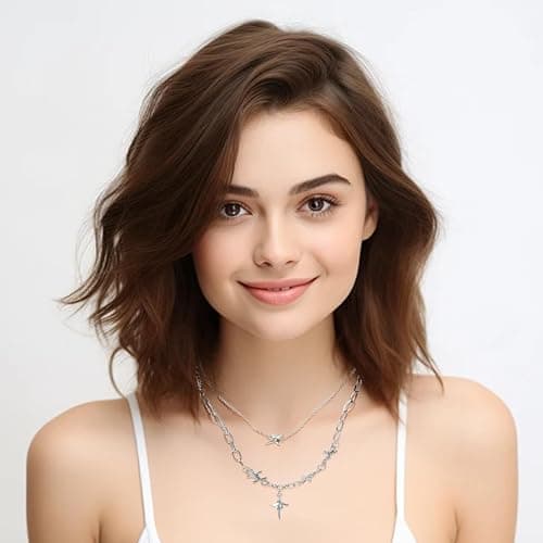 Buyongwant Star Necklace for Women Irregular Y2k Pendant Four pointed Star Double Layer Chain Fashion Jewelry Silver thumbnail 5