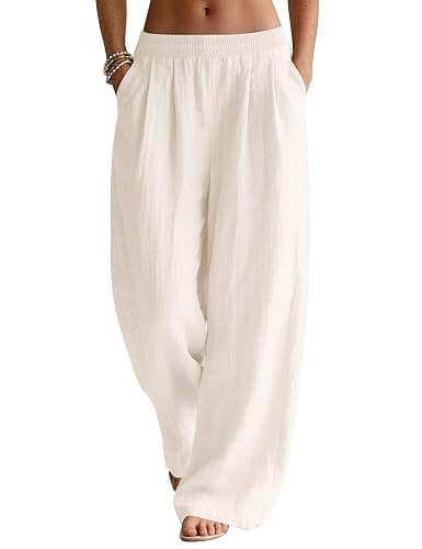 LOMON Linen Pants Women Wide Leg Palazzo Summer Flowy Pants Beach Vacation Clothes Elastic Waist Travel Trousers with Pockets - Image 1