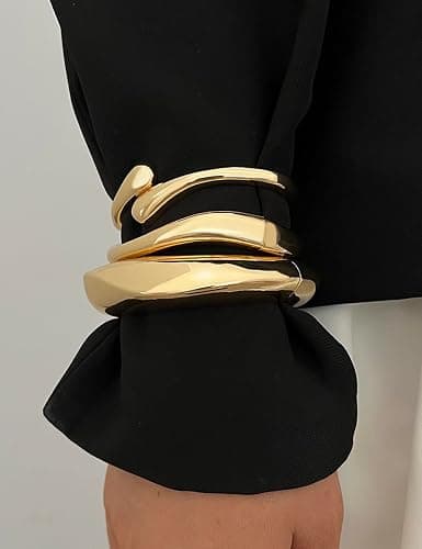 Chunky Gold Bangle Bracelets for Women, Dainty 14k Gold Plated Big Stackable Bangles Set, Trendy Statement Cuff Bracelet Stack Fashion Jewelry Gifts thumbnail 5