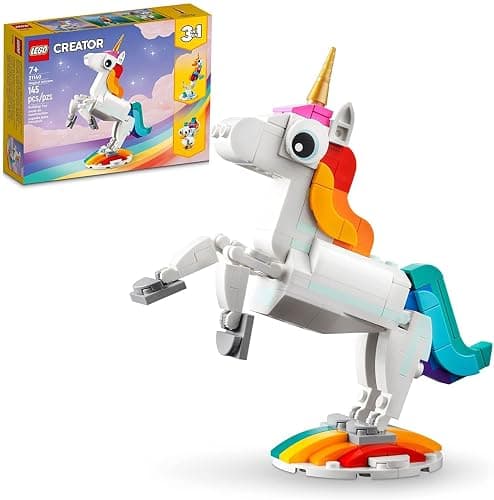 LEGO Creator 3 in 1 Magical Unicorn Toy, Transforms from Unicorn to Seahorse to Peacock, Rainbow Animal Figures, Unicorn Gift for Grandchildren, Girls and Boys, Buildable Toys, 31140 - Rainbow - Image 1