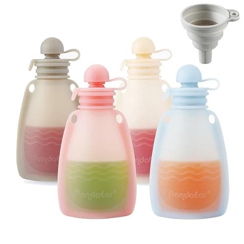 PandaEar Reusable Silicone Baby Food Pouches, 4 Pack Squeeze Pouches for Toddler Kids, BPA-Free Silicone Refillable Baby Food Storage, 5.5 oz - Image 1