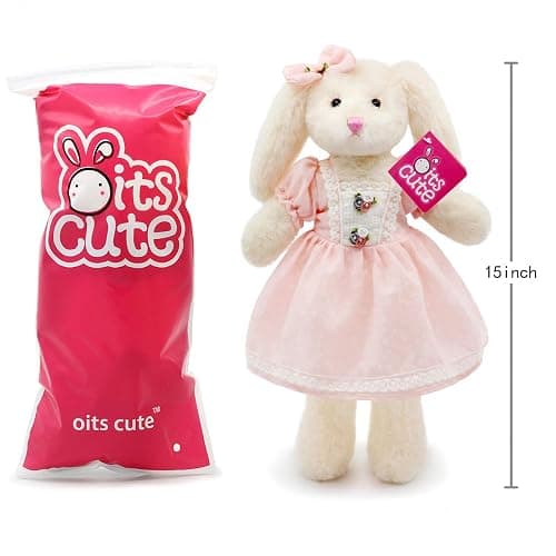 oits cute Small Soft Stuffed Animal Bunny Rabbit Plush Toy for Baby Girls 15inch (White Rabbit Wearing Pink Retro Dress) thumbnail 2