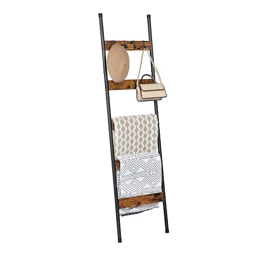 HOOBRO Blanket Ladder, 5-Tier Towel Rack with Hooks, Wall-Leaning Blanket Rack, Decorative Display Ladder Shelf, for Scarves, Industrial, Living Room, Bedroom, Rustic Brown and Black BF52CJ01 thumbnail 8