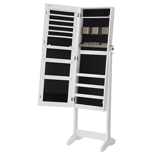 SONGMICS Jewelry Cabinet Armoire, Freestanding Lockable Storage Organizer Unit with 2 Plastic Cosmetic Storage, Full-Length Frameless Mirror, for Necklace Earring, White UJJC002W01 thumbnail 8