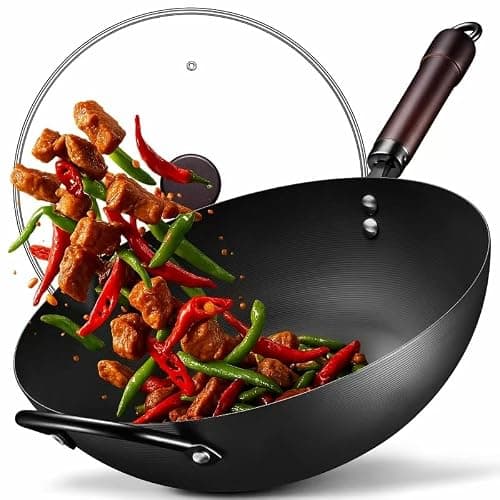 Wok, 13 Inch carbon steel woks & stir-fry pans nonstick, Pre-Seasoned 5.8QT Flat Bottom Chinese Wok Paella Pan with lid, Carbon Steel Cookware, Compatible with All Cooktops - Image 1