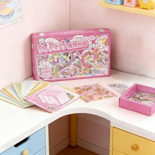 Pink Cozy Room 3D Sticker Scene Book, 1-Piece Miniature Craft Kit with Immersive Miniature Sticker Scenes for Kids and Adults - Image 1