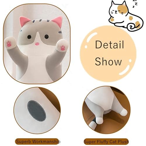 Rexinc Long Gray Cat Plush Pillow Toy Sleeping Pillow Cute Cartoon Cat Stuffed Animals Soft Long Body Pillow Gift for Kids(35.43in) thumbnail 4