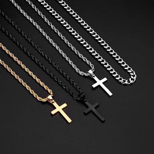 Ursteel Layered Cross Necklaces for Men - 18K Gold Plated Cross Necklaces Chain for Men Boys Gifts, Silver Rope Chain Layered Necklace Jewelry 16 18 20 22 24 Inch, First Communion Gifts for Boys thumbnail 5