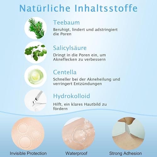 360 Stück Pickel Patch Hydrokolloid Acne Pimple Patches Anti-Akne Patch Unsichtbare für Tag & Nacht mit Teebaumöl, Salicylsäure,Centella Asiatica｜4 Größen 8 mm,10 mm,12 mm,14 mm thumbnail 3