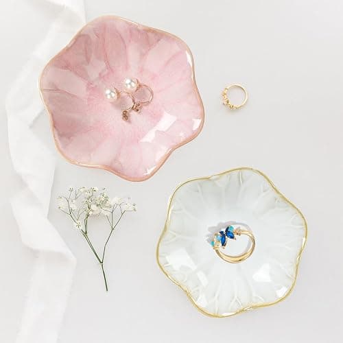 Binoster Ceramic jewelry dish, jewelry tray key tray,small ring dish holder Jewelry Plate trinket tray catchall tray nightstand decor for table room decor SM (4.3 inches, White + Pink) - Image 1