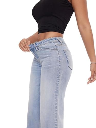 ONESO Mid-Low Rise Baggy Jeans Wide Leg for Women Distressed Pants Stretchy Bottom Lady Basic Comfortable Denim thumbnail 5