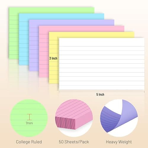 300 Count Colored Index Cards 3 x 5 Inch Ruled Index Cards, Flash Cards College Ruled for School, College, Office and Home Organization, Durable Study To Do List Note Cards with Ruled Lines thumbnail 2