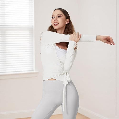 Women Ballet Wrap Top Long Sleeve Self Tie Dance Shirt Pilates Yoga Tops Y2k Workout Active Blouses thumbnail 5