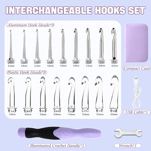 Lewhoo 17 Sizes Lighted Crochet Hooks Set 2.5mm~14.0mm, Metal Crochet Hook with Interchangeable Crochet Head thumbnail 2