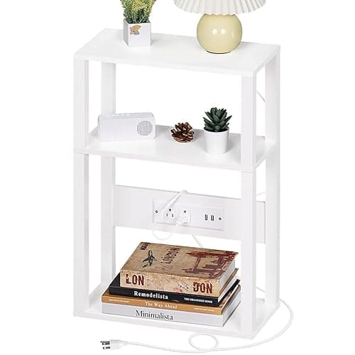 YUFAM 3-Tier Small Narrow Wood Side Table with Charging Station, Skinny Nightstand for Small Space, Slim Bedside Table with Storage for Couch, Thin End Table with USB Ports and Outlets, White - 1 Pack - White - Image 1