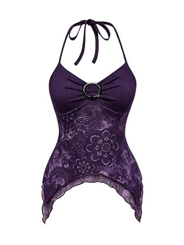 Verdusa Women's Y2k Halter Top Mesh Asymmetrical Going Out Whimsical Shirts | Halter Top, Fairy, 2000s Clothes, , Button, Asymmetrical Top, Goth Top, Country Concert Outfits - Image 1