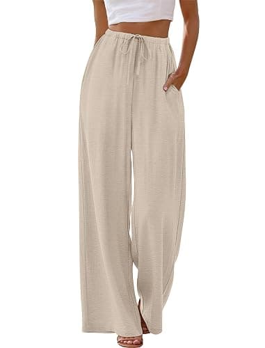 Sampeel Wide Leg Pants for Women Flowy Palazzo Drawstring Elastic Waist Trousers with Pockets Summer Beach Vacation Clothes thumbnail 2