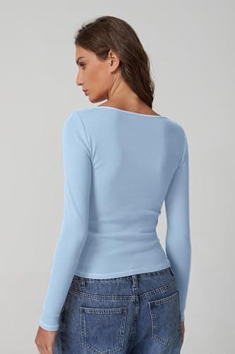 QINSEN Women's Long Sleeve T Shirts Crewneck Tight Fitted Rib Knit Y2k Casual Tee Tops thumbnail 3