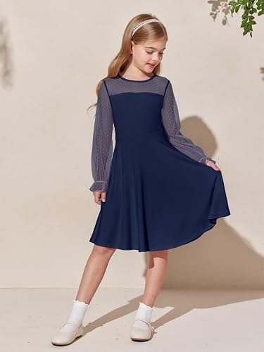 Haloumoning Girls Contrast Mesh Long Sleeve High Waist A Line Short Dress with Pockets 4-14 Years thumbnail 5