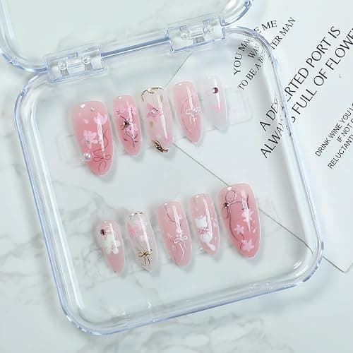 30Pcs Pink Flower Press on Nails Medium Almond Fake Nails Peach Blossom with 3D Rhinestones Pearl Gold Glitter Design Artificial Cute Cat Nails Stick on Nails Spring False Nails for Women Acrylic Nail thumbnail 4