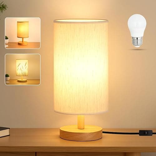 EZIYIN Desk Lamp LED Bulb Included, Small Bedside Table Lamp Plug-in - Classic Wood Base with Flaxen Fabric Shade, Lamps for Night Stands, Simple Nightstand Light for Bedroom, Office, Desk - Image 1