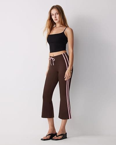 MOOSLOVER Women Flare Capri Yoga Pants High Waisted Side Stripe Drawstring Bootcut Flared Cropped Leggings thumbnail 6