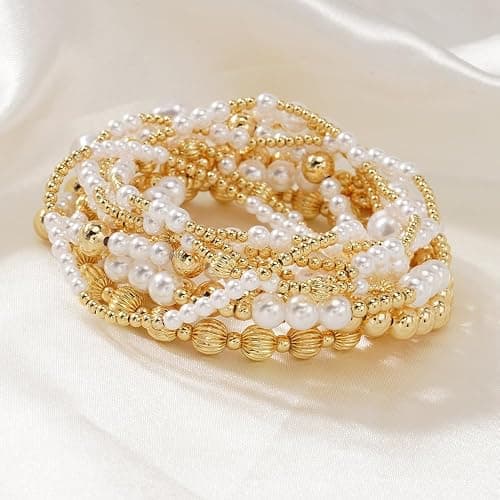 SHINUS BOHO Dainty Cross Clover Gold Beaded Pearl Bracelet Stack for Women,Handmade Boho Gold Plated Beads Stretch Stackable Bracelets Fashion Birthday Prom Jewelry Accessories Gift Friendship thumbnail 5