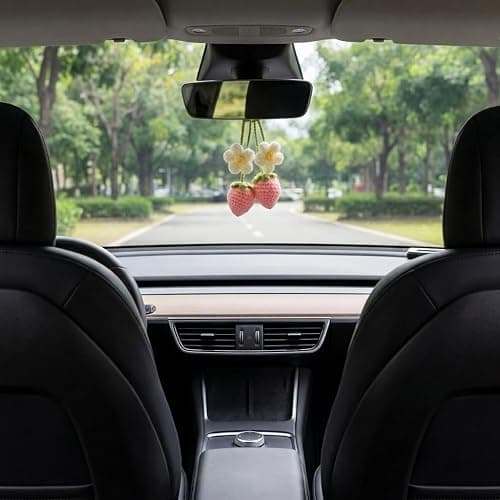 HFZRZFH Crochet Strawberry and Flower Car Hanging Ornaments, Cute Aesthetic Rearview Mirror Hanging Accessories for Women and Girls, Handmade Polyester Fiber Car Decor 2-Pack thumbnail 2