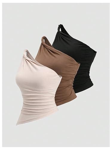 Milumia Women's 3 Pack One Shoulder Twisted Tank Top Asymmetrical Ruched Casual Tops thumbnail 3