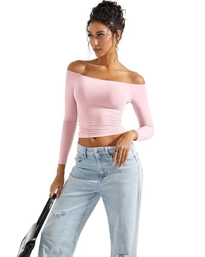 SUUKSESS Women Off Shoulder Double Lined Long Sleeve Shirts Basic Going Out Tops thumbnail 7