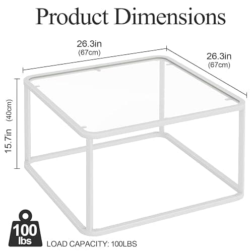 Coffee Table Glass, Minimalist Square Tables for Living Room, Modern Center Table for Office or Small Space, Sturdy Metal Frame, Easy Assembly, 26.4 x 26.4 x 15.7 Inches, White thumbnail 2