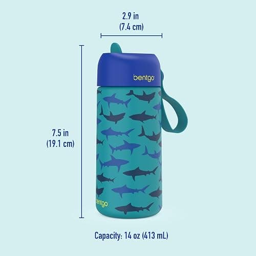 Bentgo® Kids Stainless Steel Insulated Water Bottle - Leak-Proof; Keeps Cool for 12 Hours; Durable, BPA-Free, Dishwasher Safe 14 oz. Cup for Ages 3+ for School/Sports/Daycare (Sharks) thumbnail 2