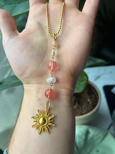 Sun Hanging Car Charm,Green and Gold Rear View Mirror Accessories Cute Boho Dangling Sun Car Decor Handmade Healing Crystals Stones Ornament Gifts for Women Men (Pink) thumbnail 4