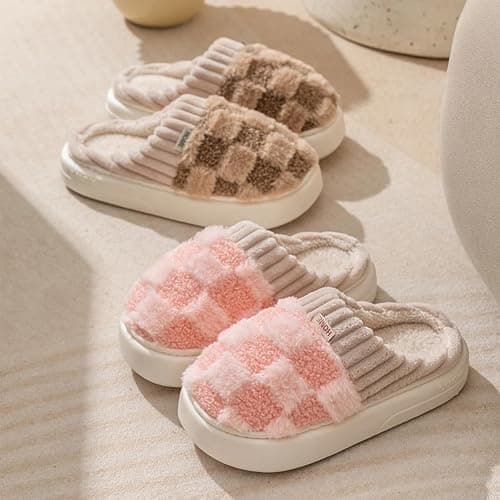 VTTDB Checkered Slipper House Slippers for Women Men Plush Warm Fuzzy Slippers Flyffy Bedroom Shoes Indoor Slip On thumbnail 5