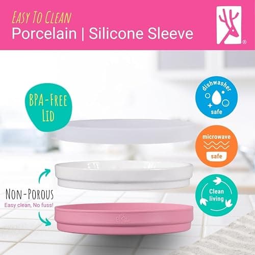 Elk and Friends Kids 7.8” Porcelain White Plates with Silicone Sleeves + Lids | Suitable for Babies/Toddlers | Microwave & Dishwasher Safe | Non Slip Dinnerware | Snack Dishes | 4 Pack thumbnail 7