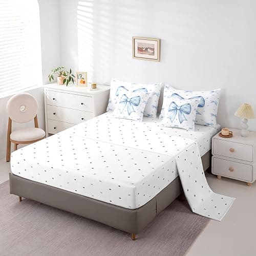 Erosebridal Cute Blue Bowknot Bed in A Bag with Sheets for Kids Girls Teen,Kawaii Dreamy Bow Queen Comforter Set 7 Piece Princess Blue White Heart Decor Bedding Set Soft Sheet Set with Comforter thumbnail 4