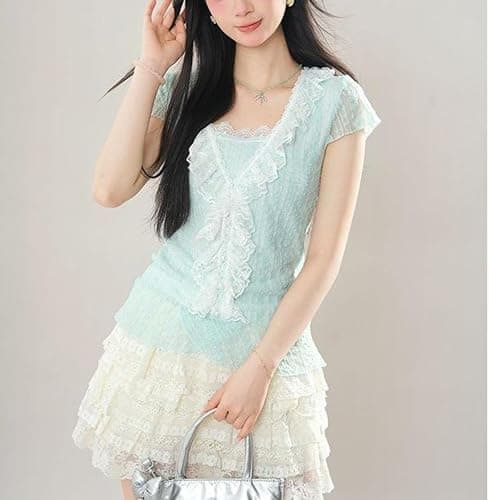 Wayolyn Vintage Sexy Women’s Slim Fit Crop Tank Top with Lace Trim Cutecore Kawaii Clothes Blue Shoujo Clothes thumbnail 4