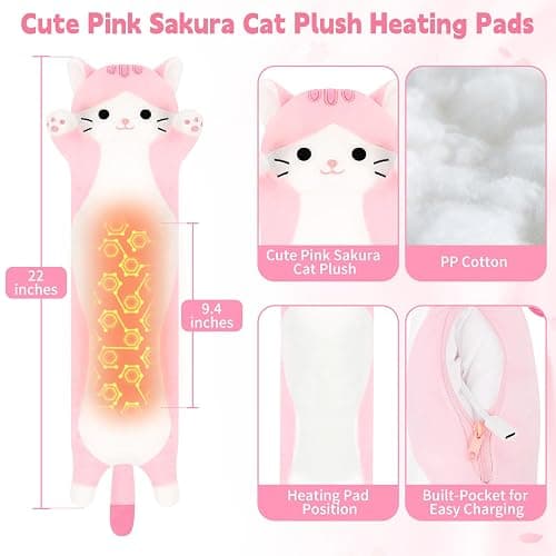 Sprinqdawin Sakura Cat Heating Pad-USB Heated Plush Stuffed Animals for Period Cramps and Menstrual Pain Relief,22” Portable Electric Kitten Heating Pads,Built-Pocket Plush Girls Birthday Gifts,Pink thumbnail 2
