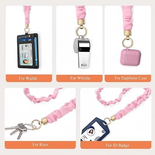 Pink Stretchy Scrunchie Lanyard & Wristlet Set with ID Badge Holder for Women, Teachers, Nurses, Cruise Ship Staff - Cute Neck Lanyard for Keys thumbnail 4
