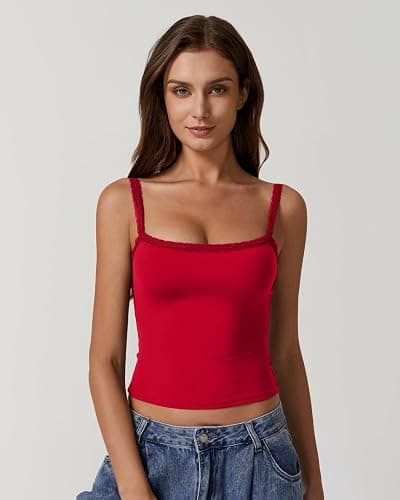 QINSEN Womens Square Neck Lace Trim Tank Top Double Lined Slim Fitted Y2k Going Out Camisole Shirts thumbnail 3
