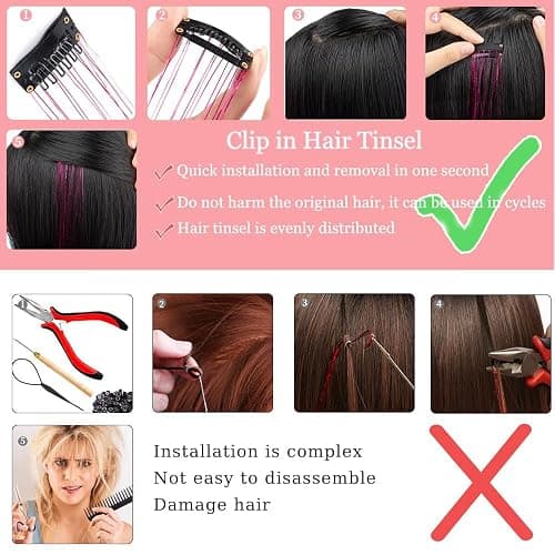 Hair Tinsel Pack of 12 Pcs Colorful Glitter Hair Accessories 20 Inch Clip in Hair Tinsel Extensions Fairy Hair Accessories Party Kit for Women Girls Kids (12Pcs,Colorful#) thumbnail 5