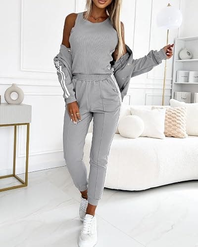CHICME Women's Three Piece Outfits Striped Tape Patch Tank Tops Bomber Jacket with Sporty Pants Tracksuit Lounge Sets thumbnail 6