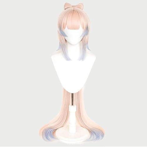 maysuwell Anime Pink Mixed Blue Wigs with Bangs Long Straight Hair with Ponytail Pre-made Bows Game Character Cosplay Wig Halloween,Christmas,Comic con,Game Show thumbnail 2