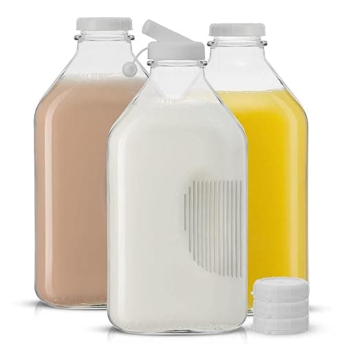 JoyJolt Glass Milk Bottles with Lids and Pourer – 64 Oz, 3 Pack Airtight Heavy Duty Reusable Glass Bottles, Leakproof, BPA-Free, Food Grade, Dishwasher Safe Jug, Pitcher for Milk, Juice, and Water - Image 1